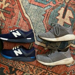 Little boys two pairs of New Balance sneakers and bonus pair of disco rain boots